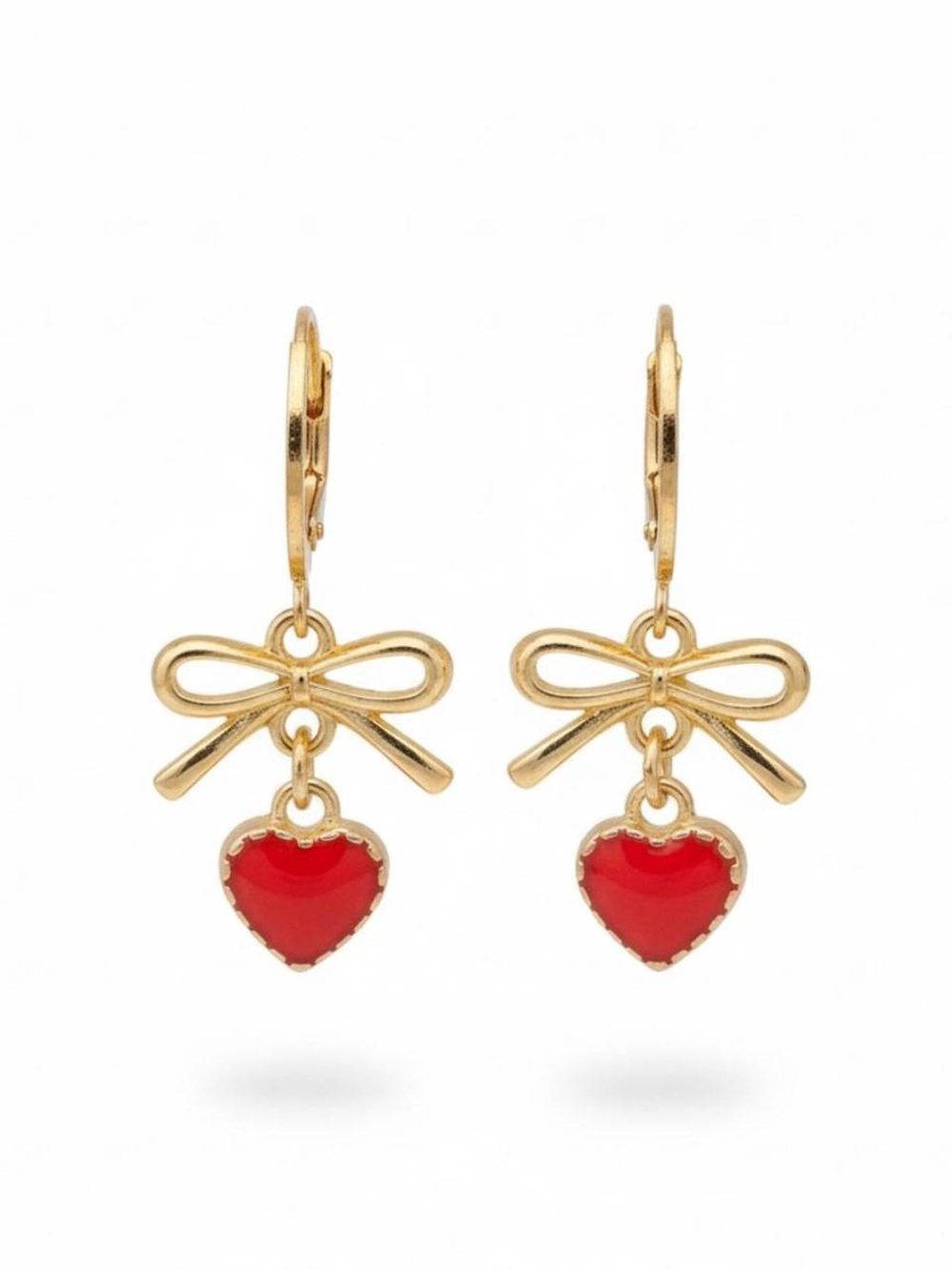 Gold Bow Drop Earrings with Red Heart Dangles